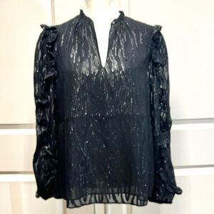 Lilly Pulitzer Black Silk Blend Ruffled Blouse with Puff Sleeves Sz S